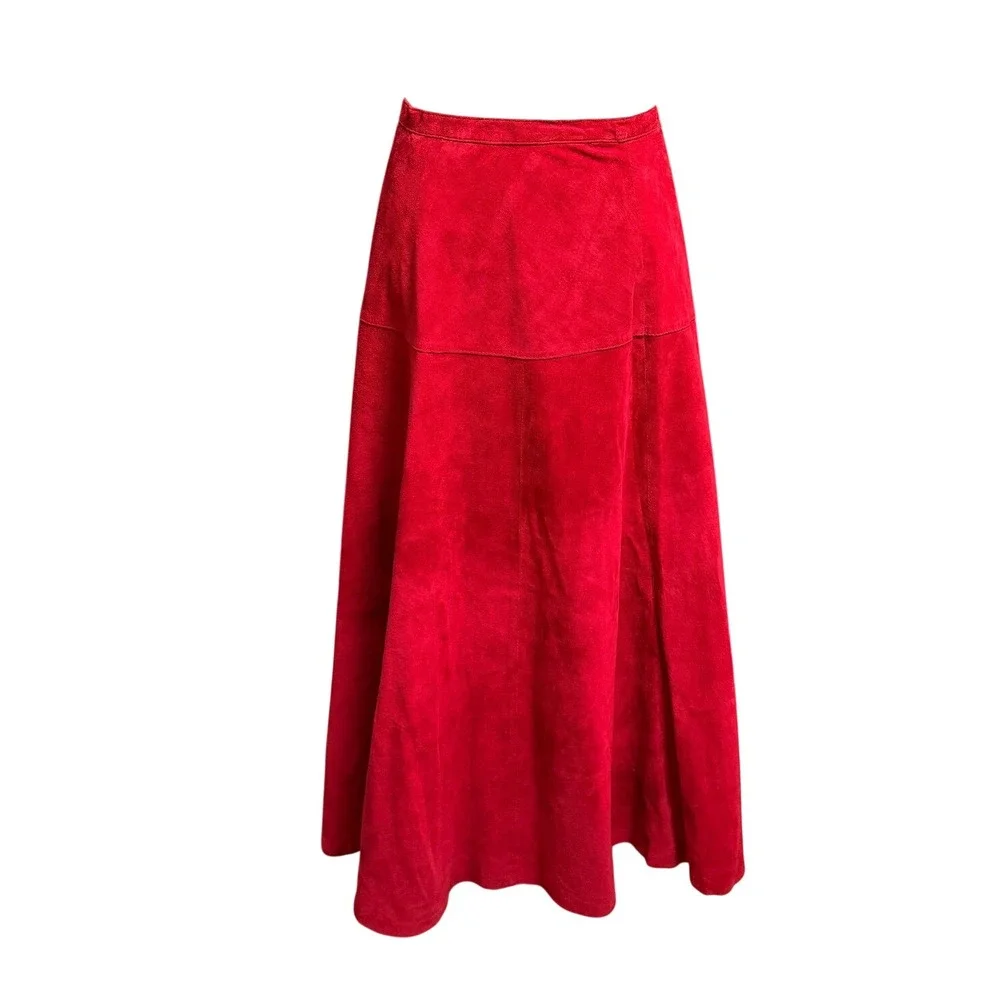 Vintage Red Genuine Leather Suede Maxi Full Skirt Size 12 Western Ranchcore Boho